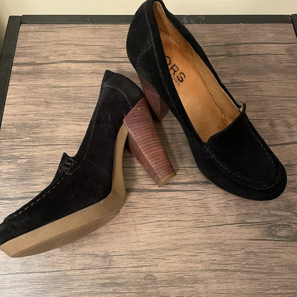Michael Kors Dolly Loafers Black Suede Leather High Heels Size 9 1/2